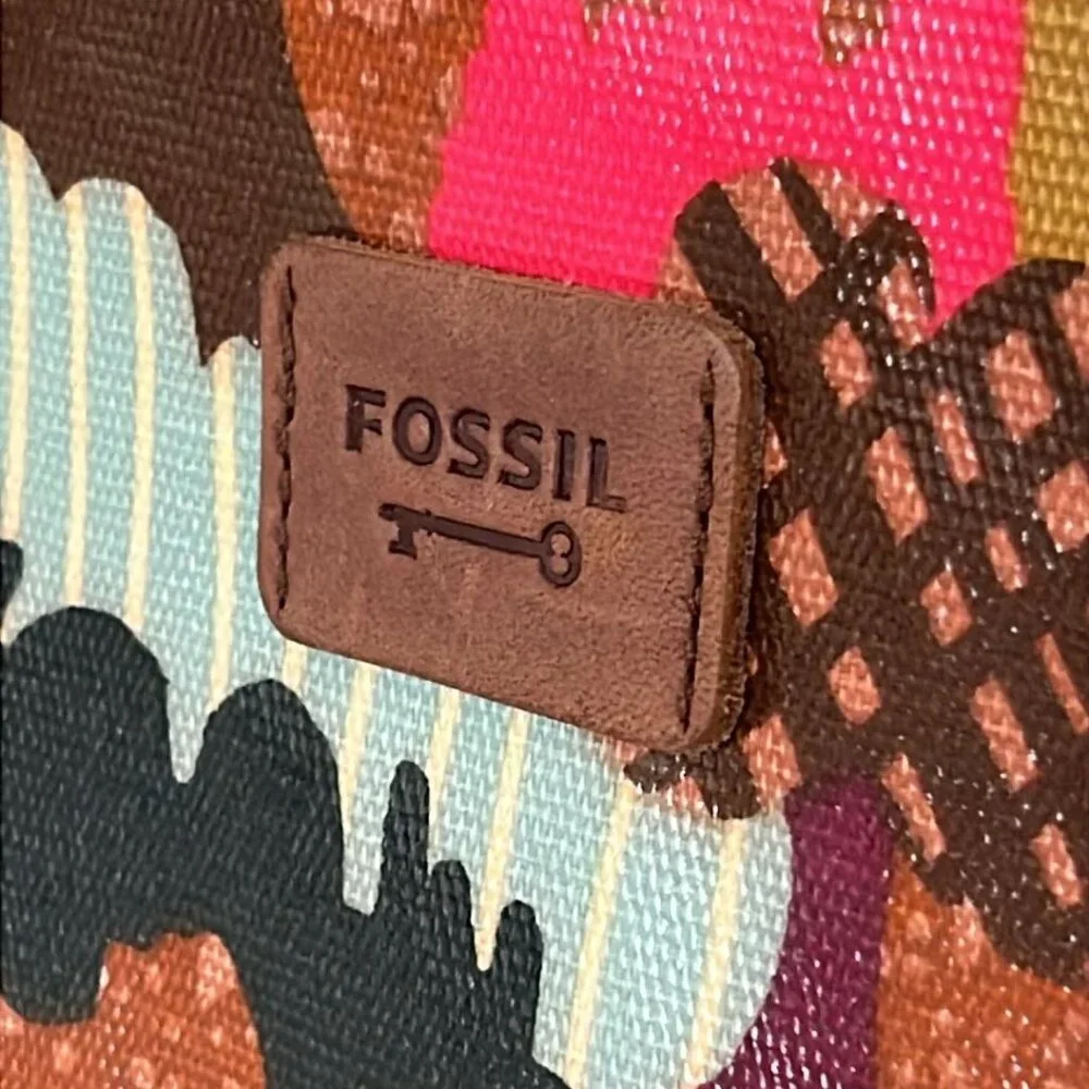 FOSSIL KeyPer Cosmetic Case Bag Coated Canvas Multicolor Abstract Zip Pouch 11X6